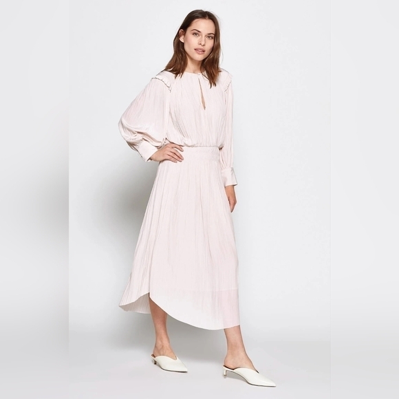 Joie Rheia Silky Pleated Long Balloon Sleeve Blouson A-Line Midi Dress Cream S - Picture 15 of 15